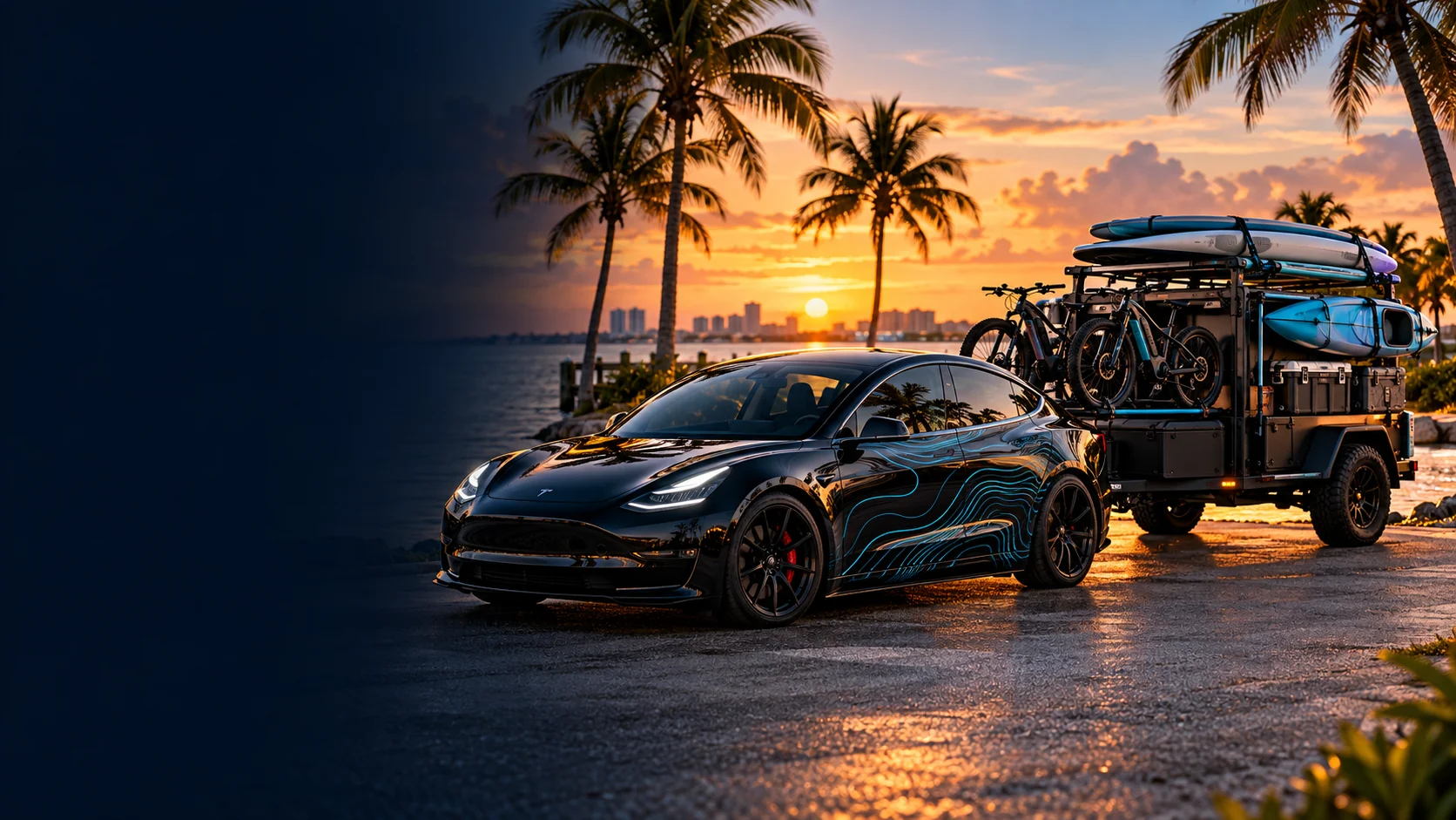 Electric vehicle and adventure gear trailer beside a tropical waterfront at sunset