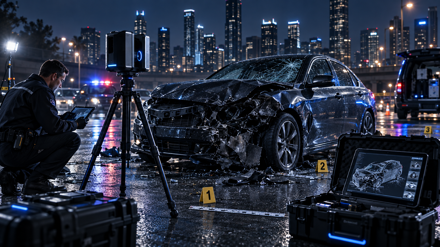 Tripod laser scanner documenting a damaged vehicle at night