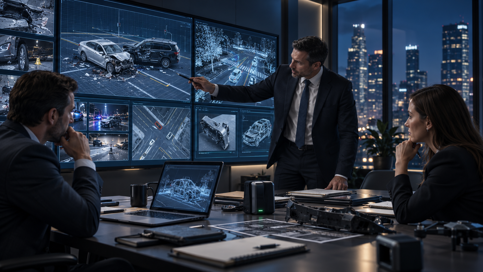 Legal team reviewing collision models and scene photographs