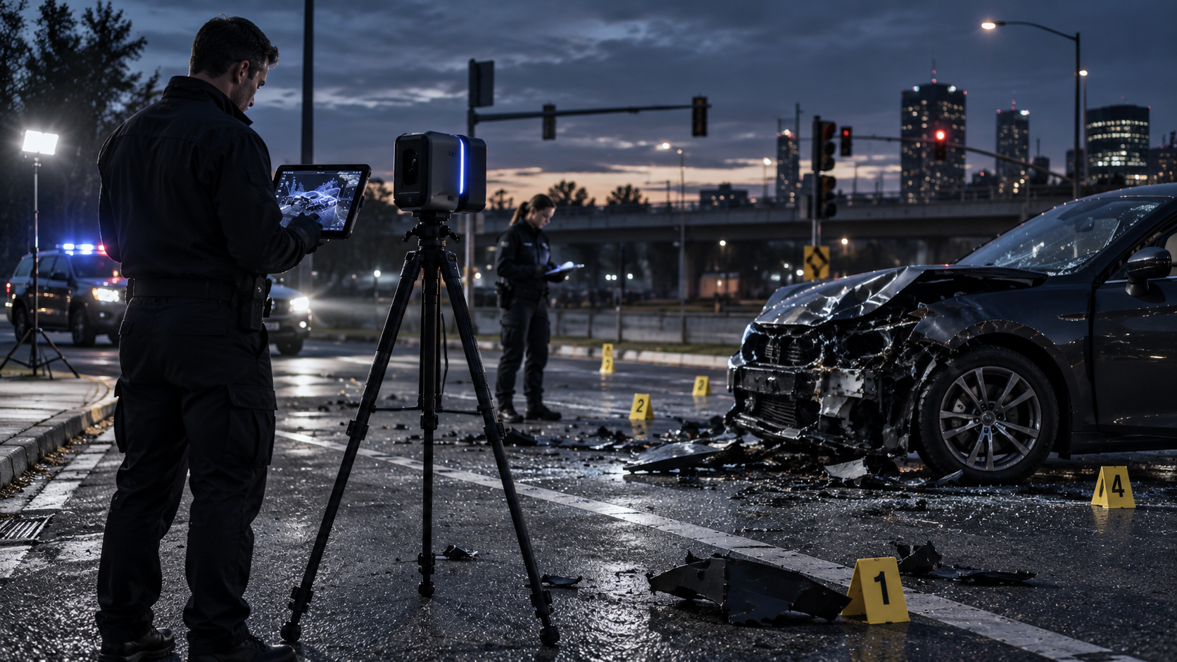 Investigators scanning a vehicle collision scene at an intersection