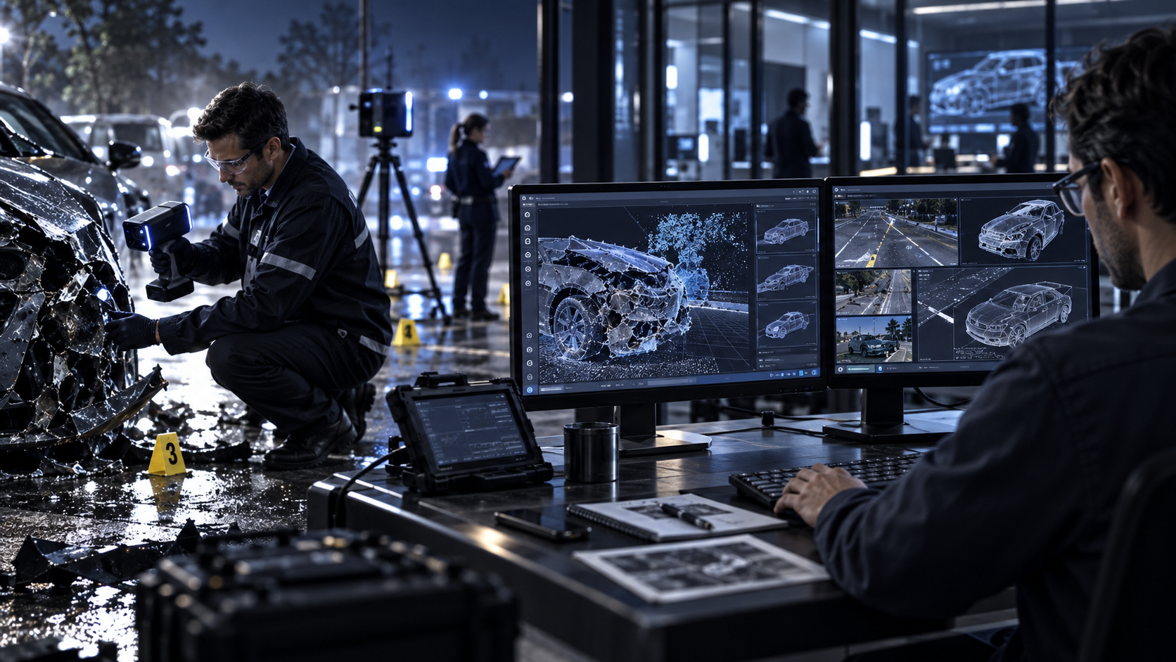 Technicians capturing vehicle damage and preparing digital scene models