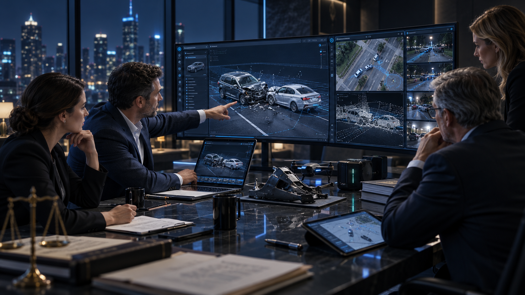 Litigation team reviewing a 3D collision visualization