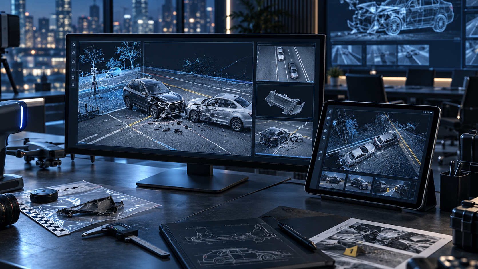 Technical workstation displaying 3D models and scene documentation