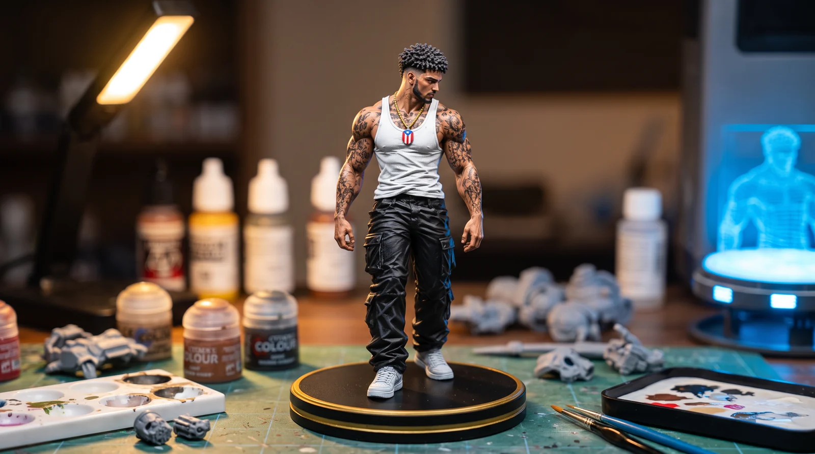 KING JULZ figurine concept on a workbench