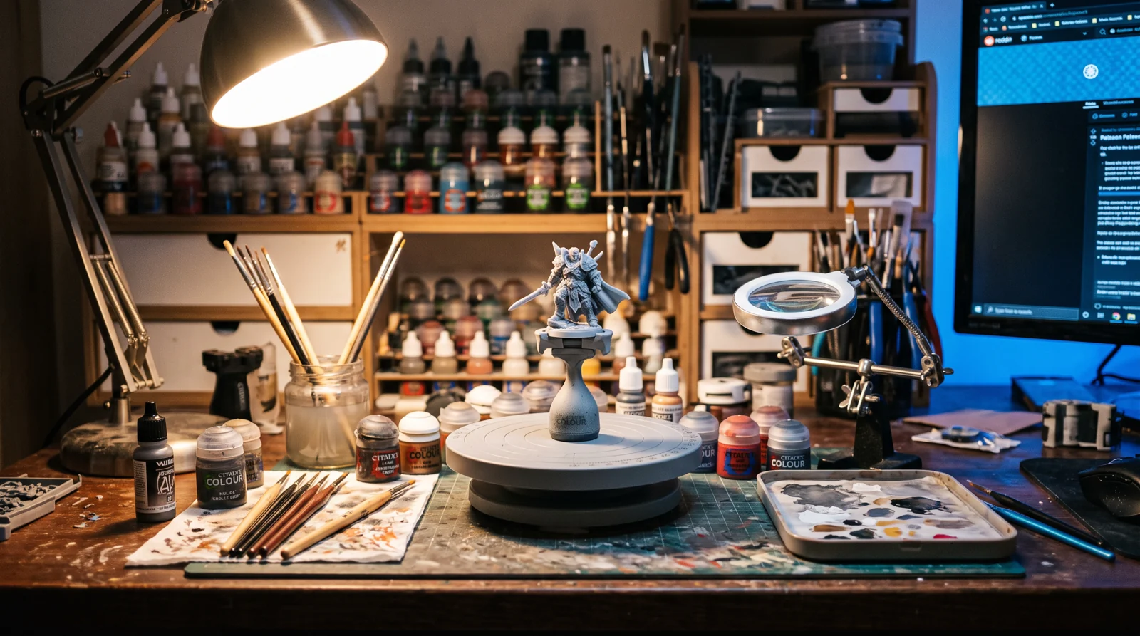 Supplied figurine finishing and display workbench visualization