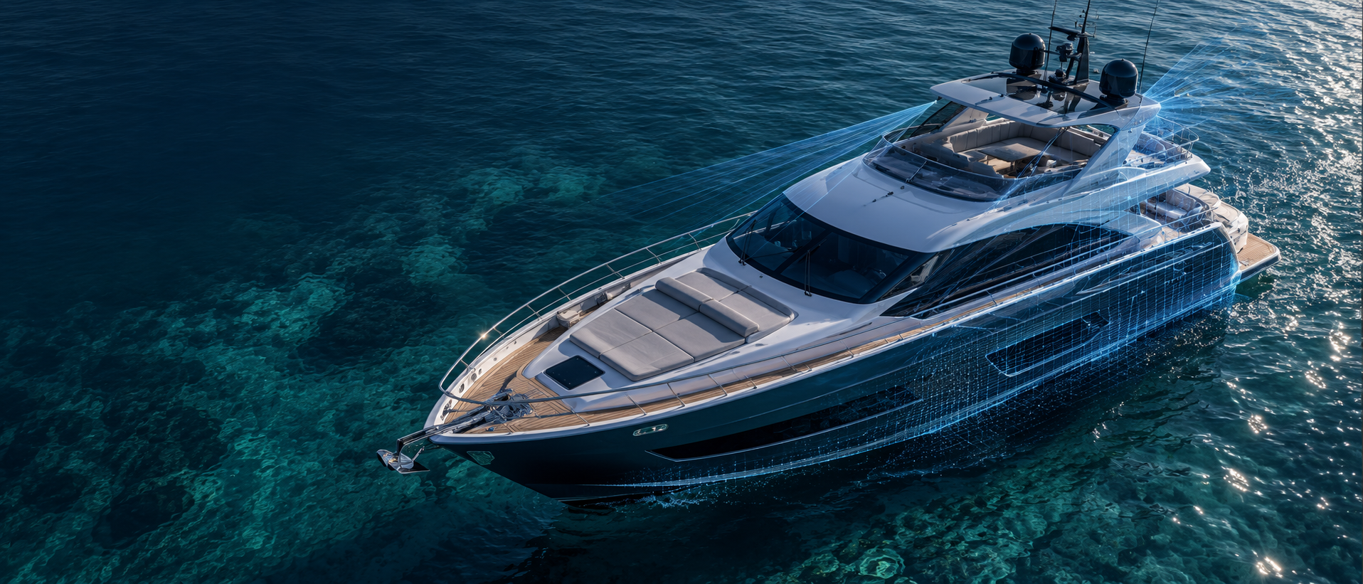 Luxury motor yacht with a digital-twin wireframe overlay on tropical blue water
