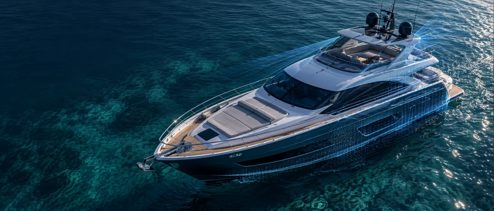 Luxury motor yacht with a digital-twin wireframe overlay on tropical blue water