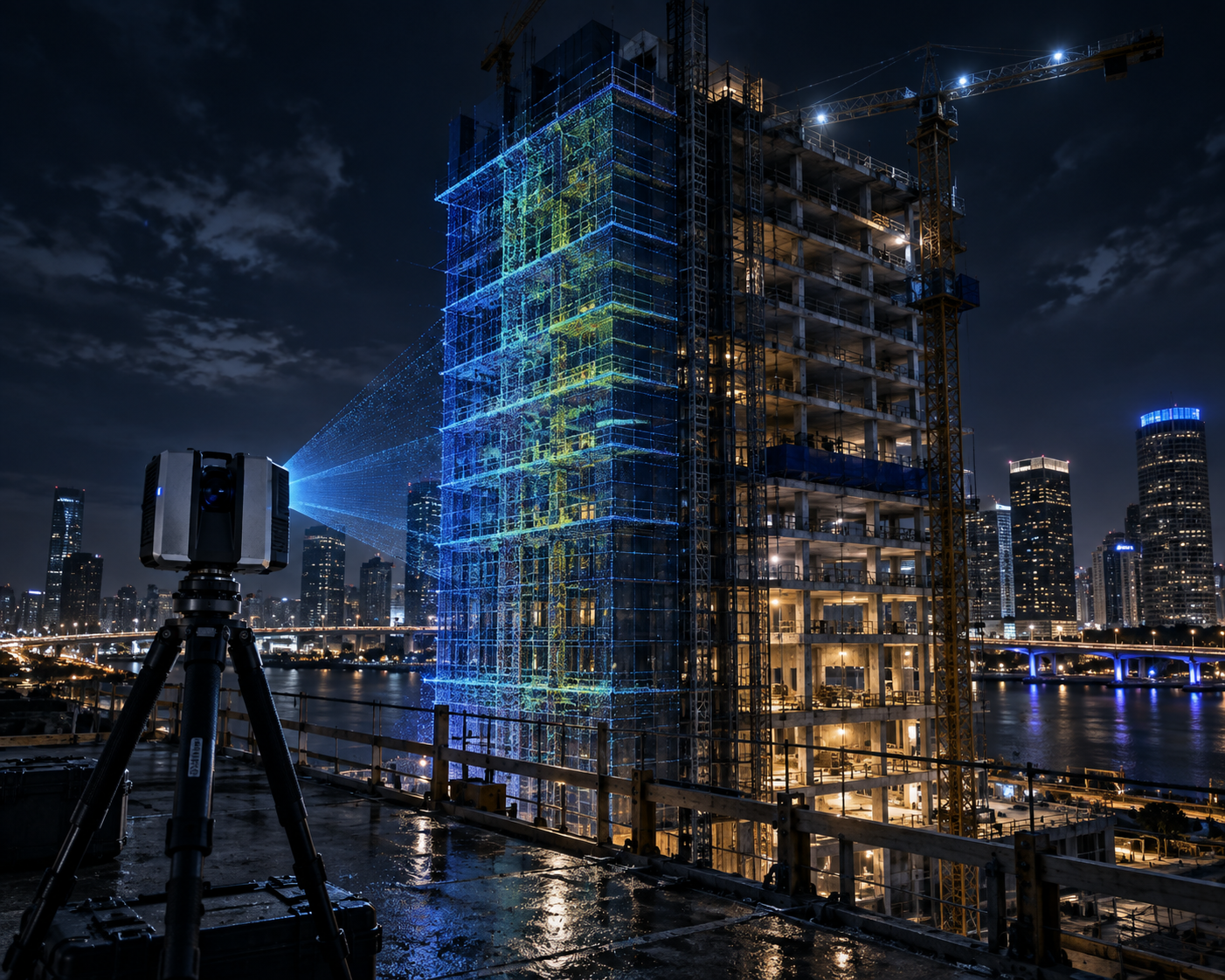 Laser scanning a commercial tower under construction