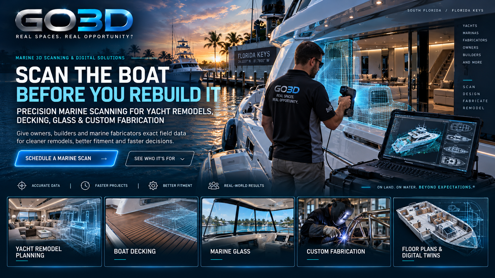 GO3D Marine concept artwork showing yacht capture, decking, glass, fabrication and digital plans