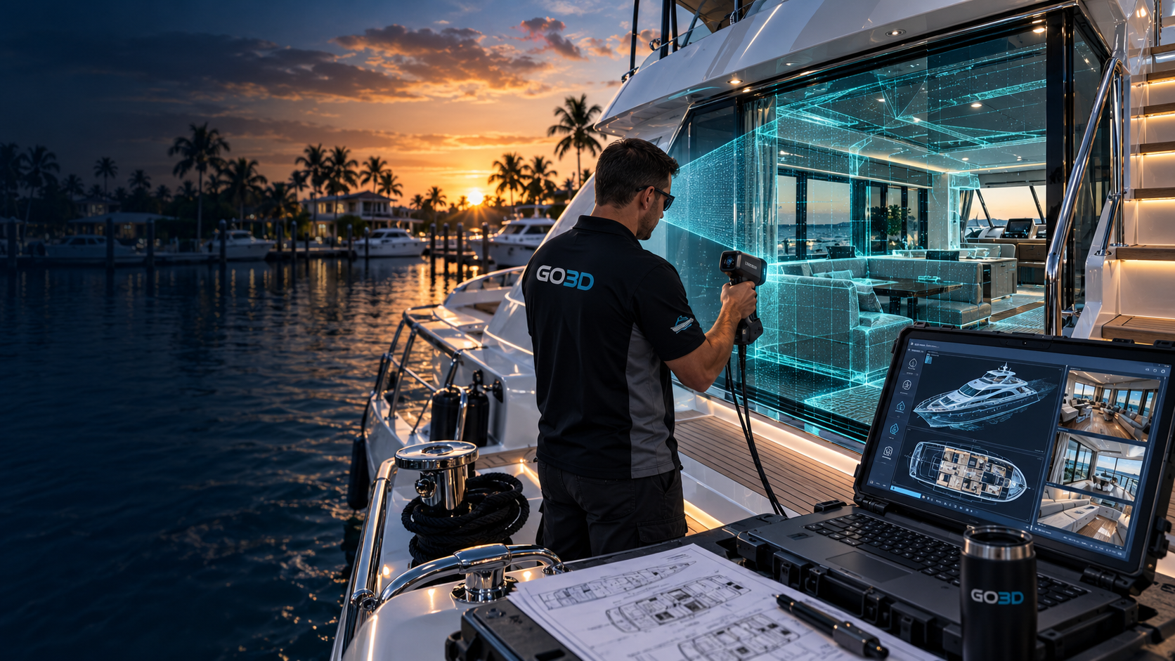 Marine concept showing yacht field capture and a digital vessel model