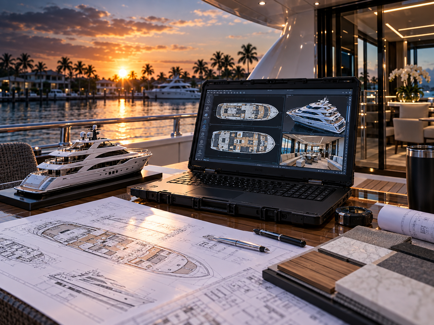 Yacht planning concept with vessel floor plans, a digital model and material samples