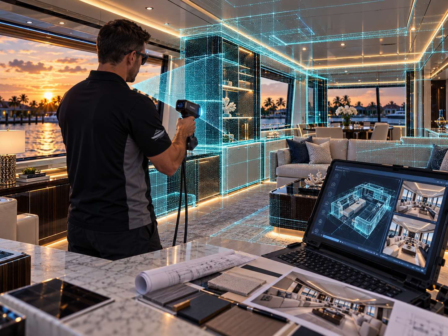 Yacht interior concept showing the spatial relationships of seating, cabinetry and openings