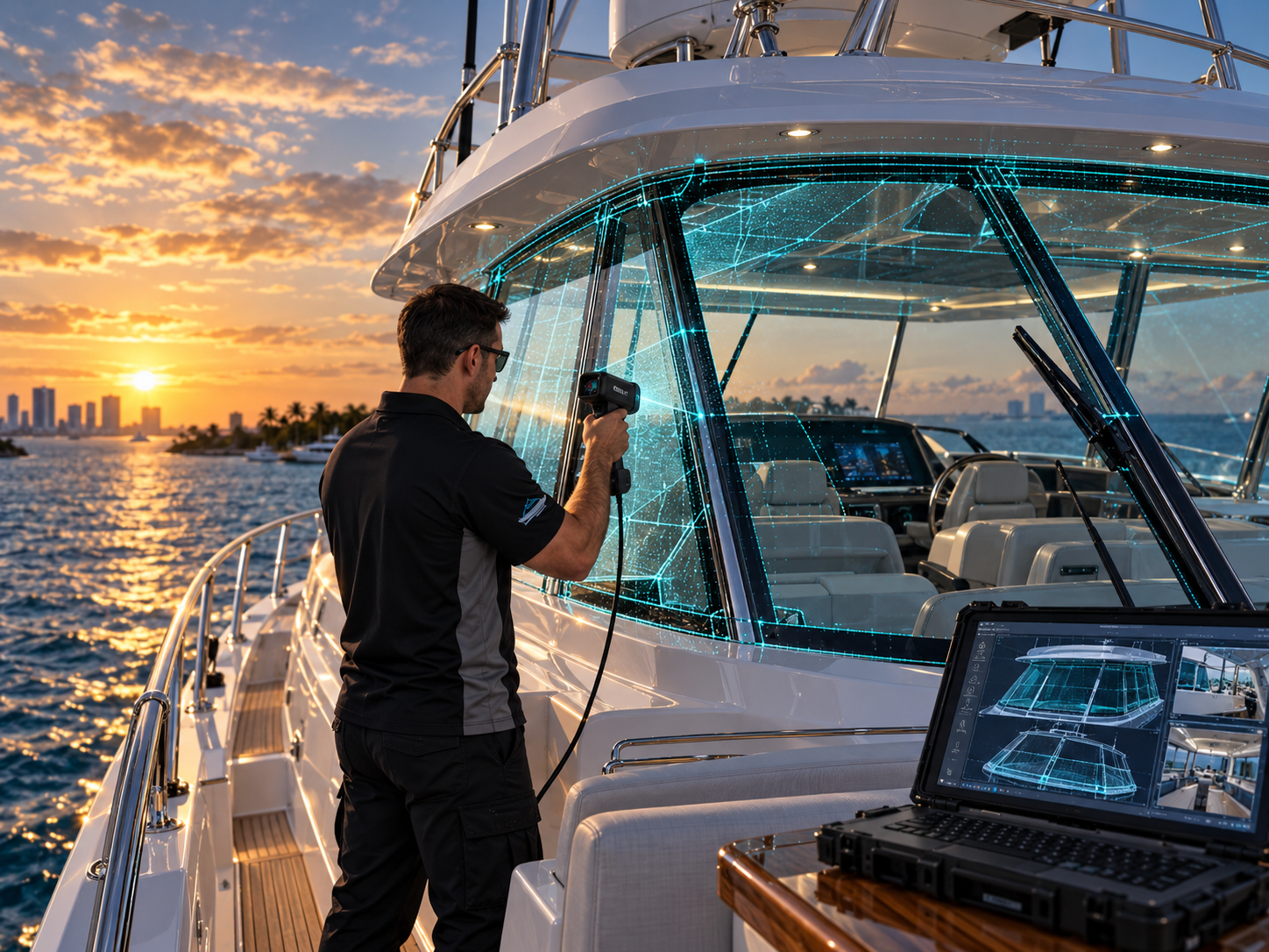 Marine glass concept showing windshield and frame geometry captured for digital reference
