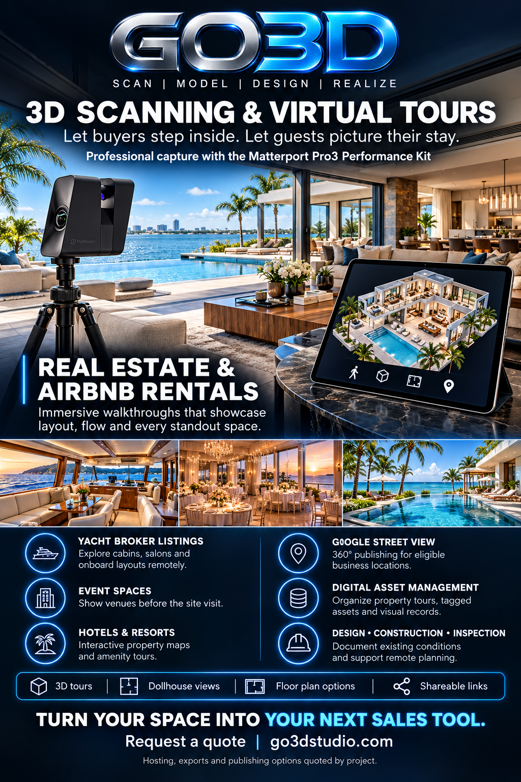 Eddie-supplied GO3D Virtual Tours application graphic showing a Matterport Pro3 camera and property capture examples