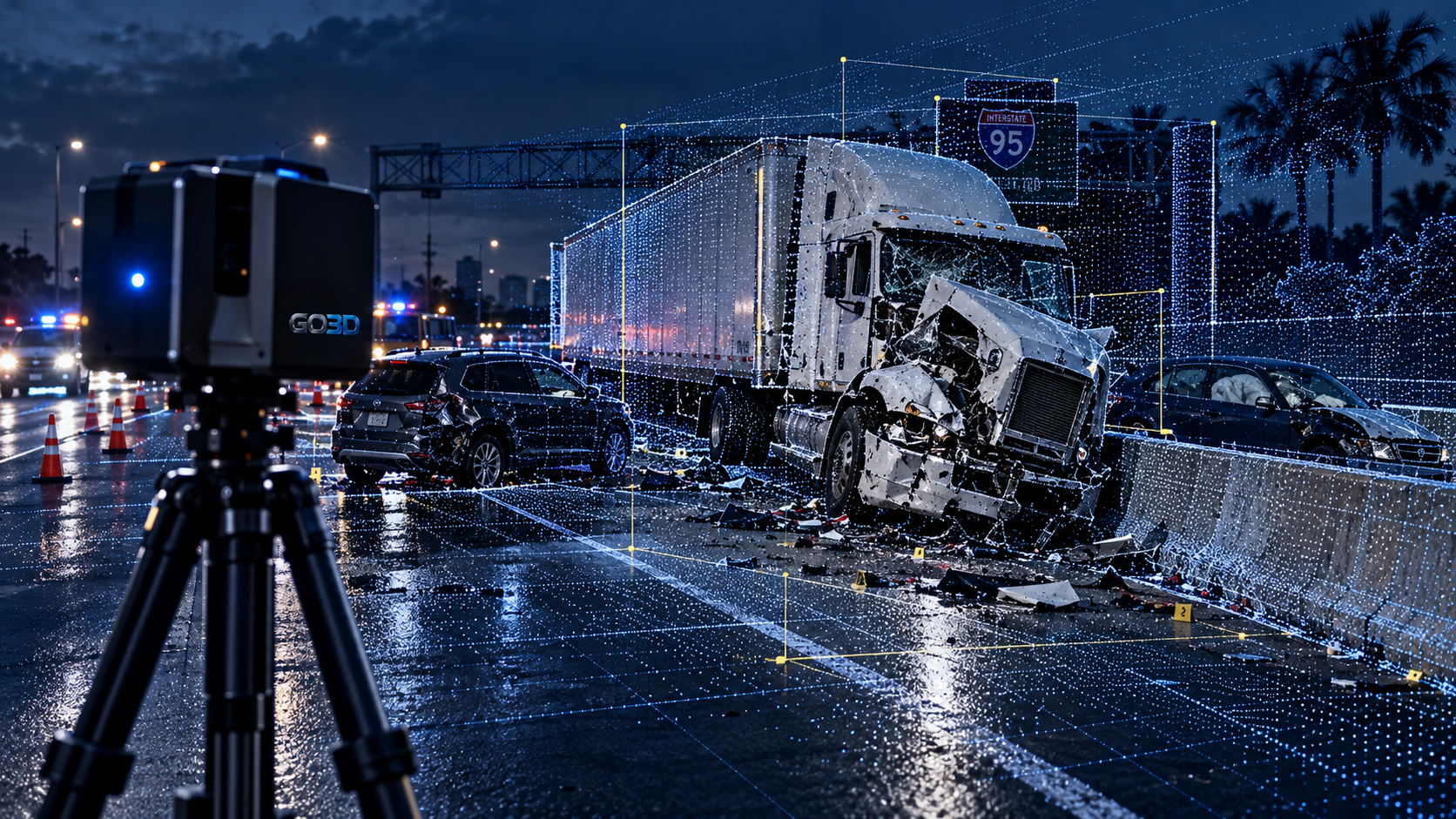 3D laser scanning of a highway crash scene with a tractor trailer and passenger vehicles for accident reconstruction documentation
