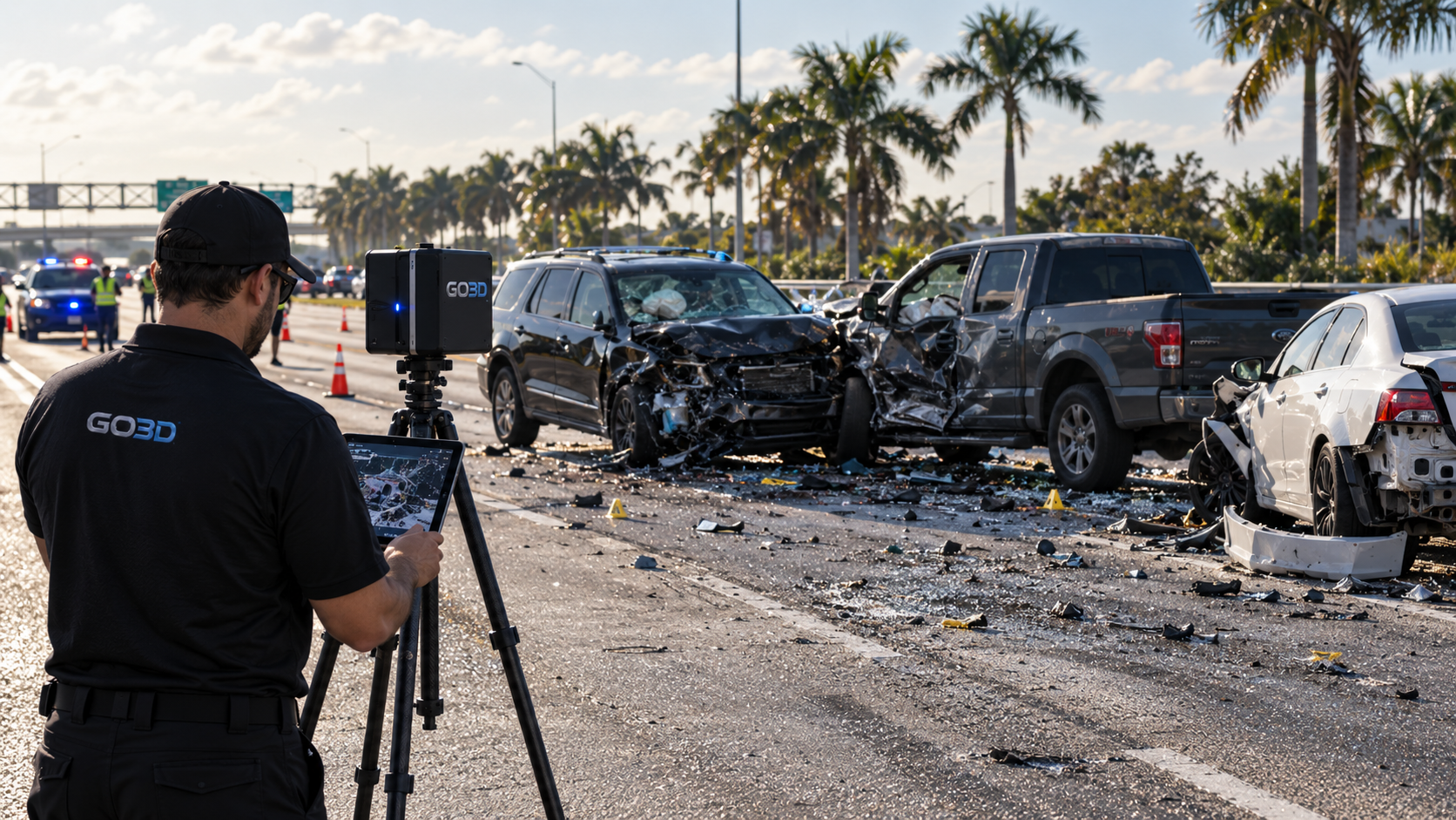 Laser scanner documenting damaged vehicle surfaces and scene geometry