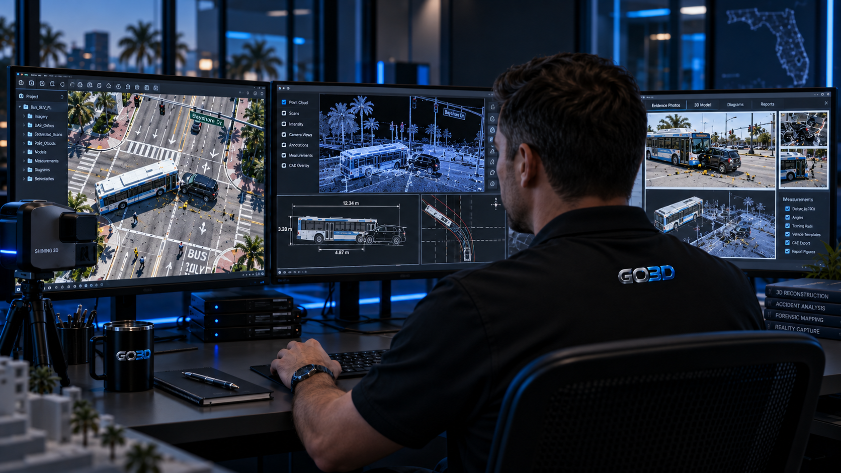 Workstation showing processed point clouds, vehicle models and technical deliverables