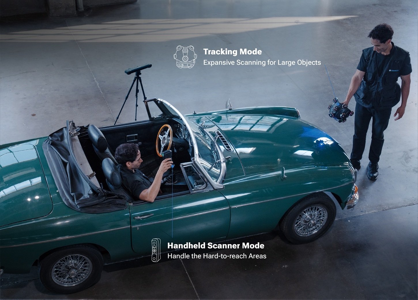 Official EinScan Trak tracking and handheld capture in use on a vehicle
