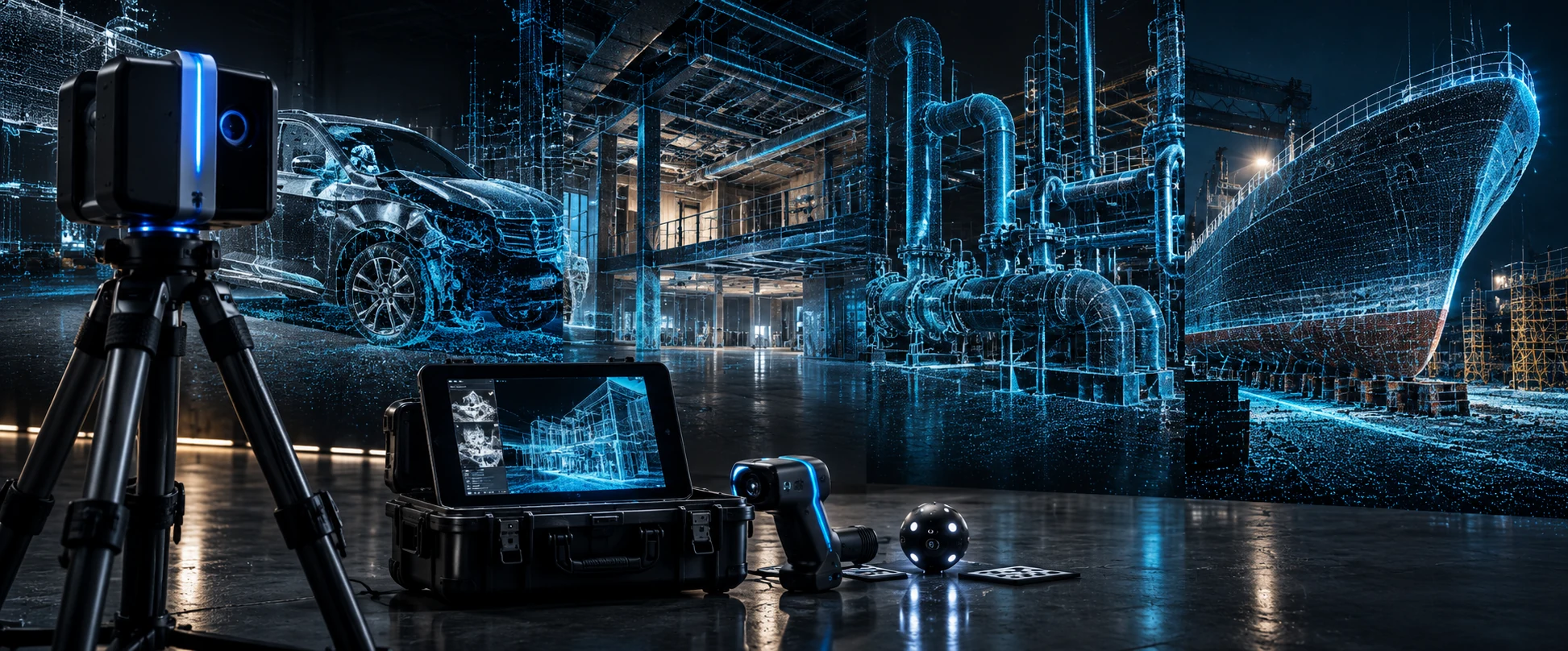 Scanning equipment with digital geometry connecting a vehicle, industrial structures and a marine vessel