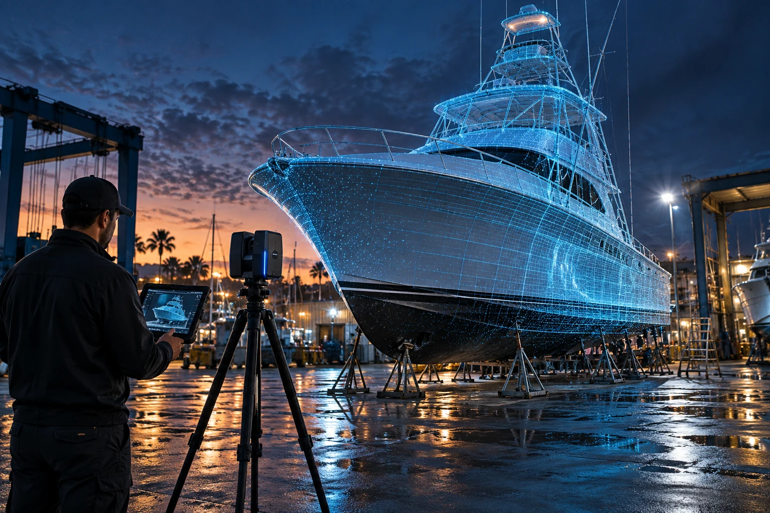 A yacht in a boatyard with a scanning technician and blue hull geometry overlay