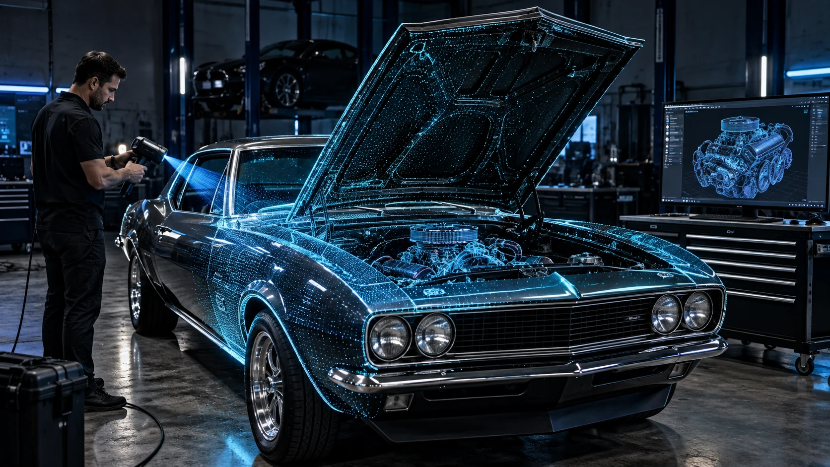 A technician scanning a classic car with its hood open