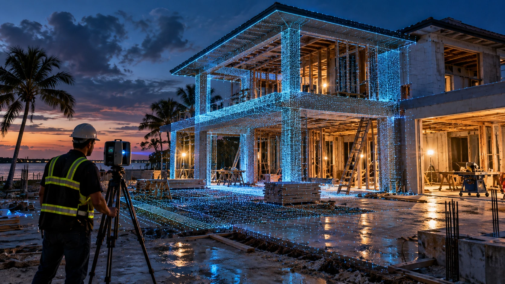 A construction professional scanning a house under construction