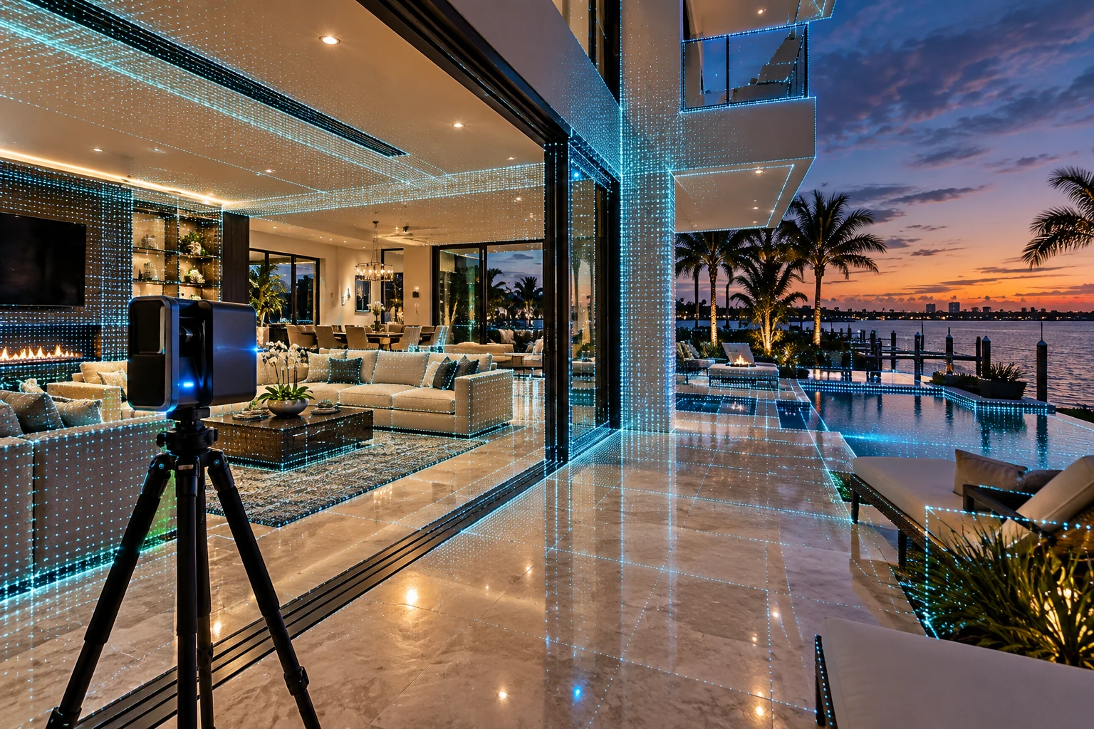 A tripod scanner in a waterfront home overlooking a pool at sunset
