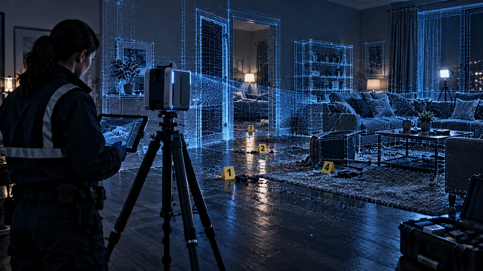A technician documenting an interior scene with a blue point-cloud overlay