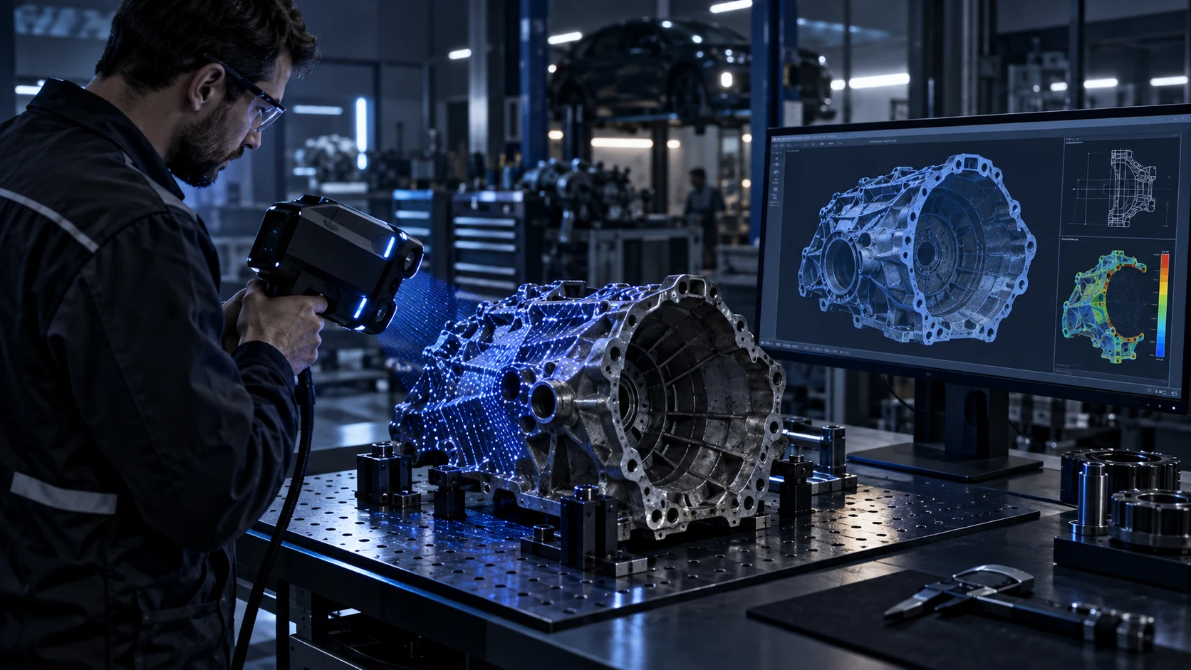A handheld scanner capturing a mechanical component on a workshop bench