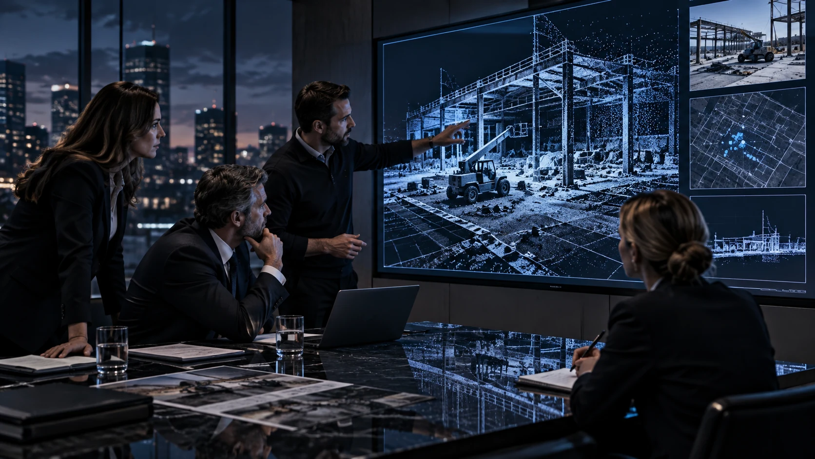 A technical team reviewing captured scene geometry and supporting documents