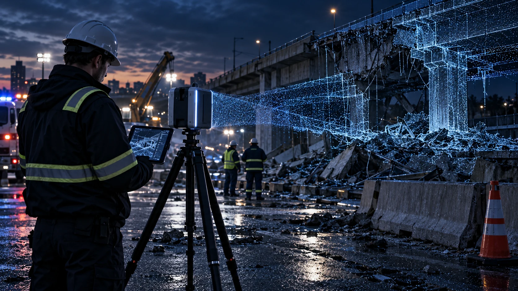 Field personnel using a laser scanner to document a damaged structure