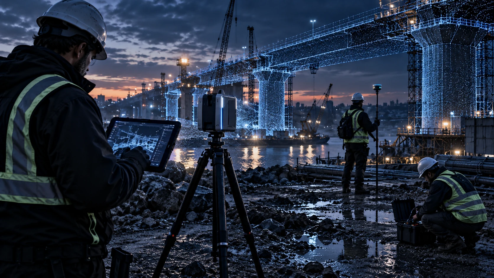A field team scanning a construction site at dusk
