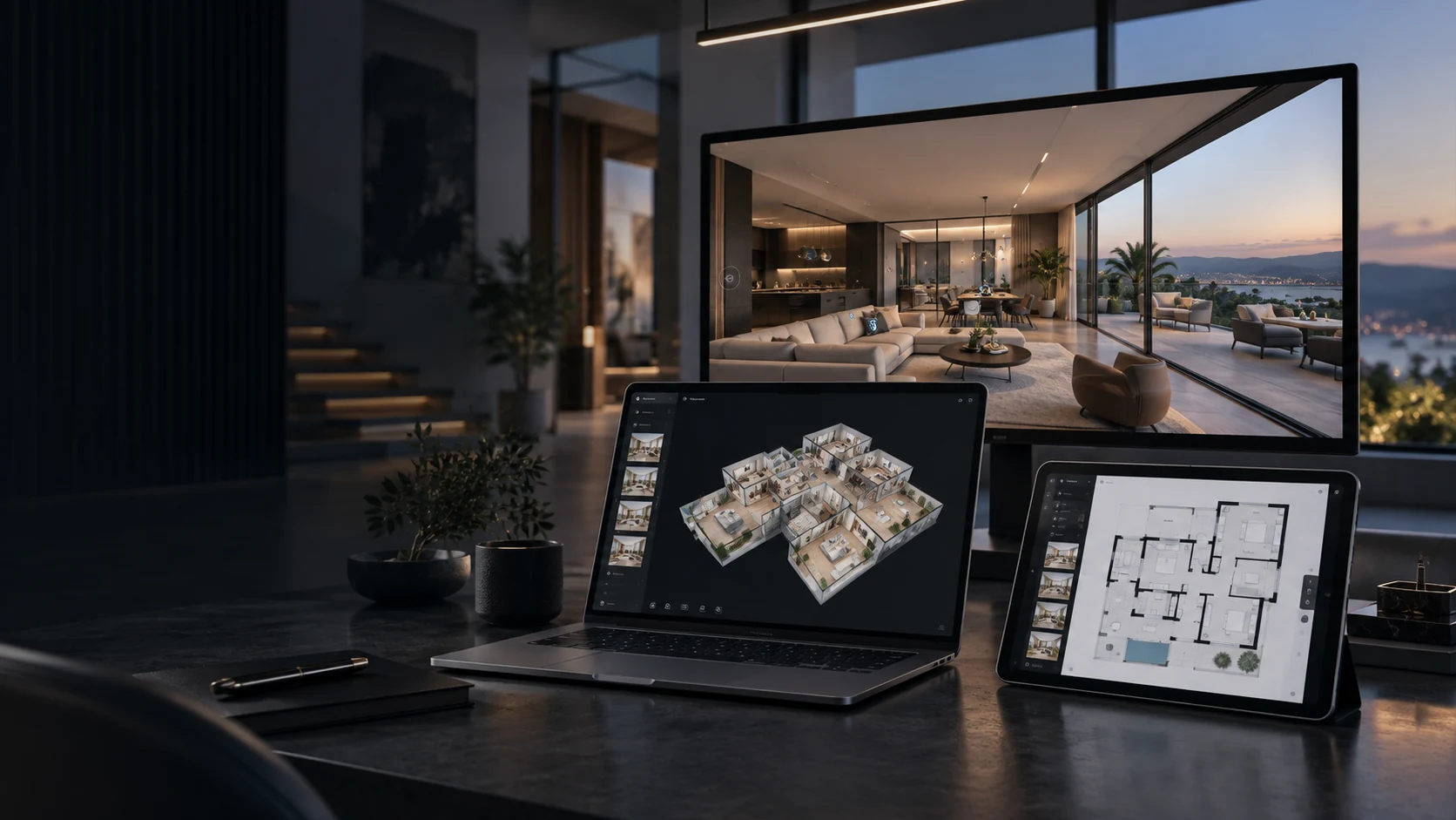 Virtual tour workspace with a property walkthrough on a monitor, a digital twin on a laptop and a floor plan on a tablet