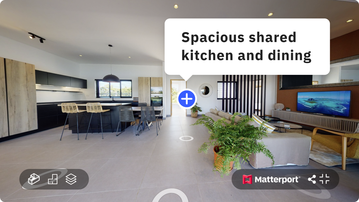 Official Matterport home-tour example showing connected kitchen, dining and living areas