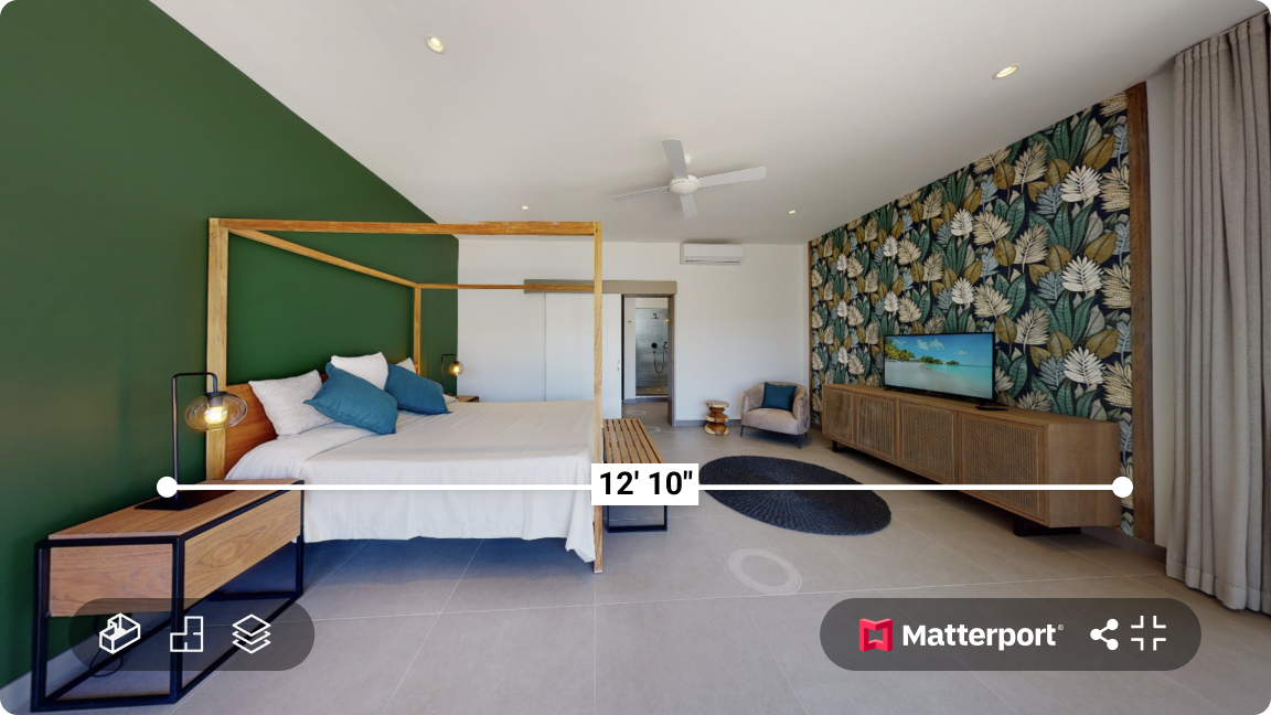 Official Matterport bedroom-tour example with the platform’s measurement overlay