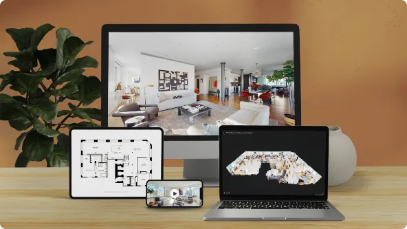 Official Matterport example of property photography, a floor plan and a digital twin on different devices